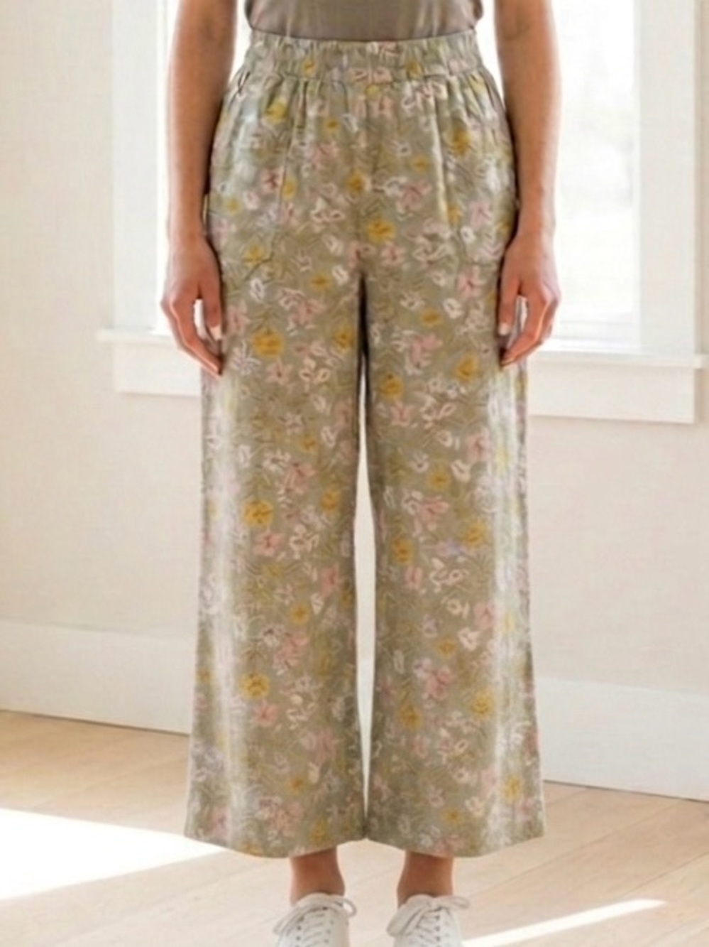 CYNTHIA ROWLEY Floral Wide Leg Linen Crop Pants Green Pink Yellow EUC XL Comfy